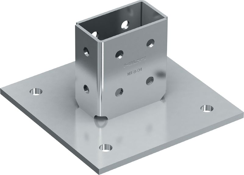 3D-obremenjena osnovna plošča MT-B-O4 Osnovni spojnik za sidranje profilnih struktur pod 3D obremenitvami na beton in jeklo ali jeklo