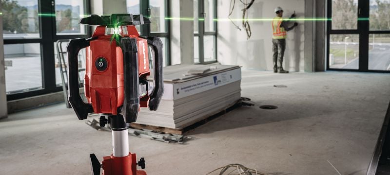 Nivelir z rotacijskim laserjem za enojni naklon PR 40G-22 z zelenim žarkom Rotacijski laser za notranja izravnalna dela nivelira z dobro vidnim zelenim žarkom in samodejnimi funkcijami za niveliranje, poravnavo, naklone in kvadrature (platforma Nuron) Vrste uporabe 1