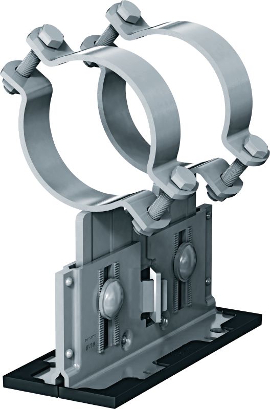 Objemka-noga Mp-PS 2-2 Nastavljive dvojne objemke-noge s premazom za zunanjo uporabo za pritrjevanje cevi premera 21-328 mm (1/2 do 12) v različne osnovne materiale v zmerno korozivnih okoljih