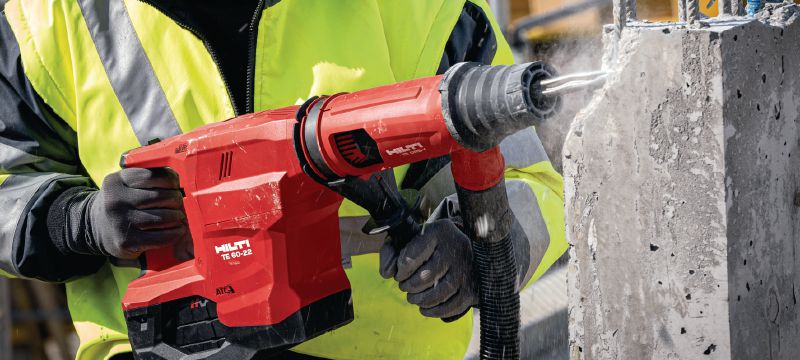 Baterijsko vrtalno kladivo TE 60-22 Močno in baterijsko vrtalno kladivo SDS Max (TE-Y) z aktivno redukcijo vibracij in aktivnim nadzorom navora za zahtevno vrtanje in dletenje v beton (Nuron) Vrste uporabe 1