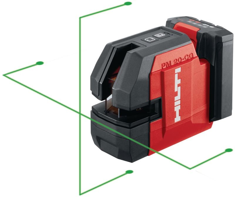 Kombinirani laser PM 20-CG 12V Kombinirani laser z zelenim žarkom in z 2 linijama in 4 točkami za cevne napeljave, izravnavo, poravnavo ter določanje kvadrature (12 V baterijska platforma)