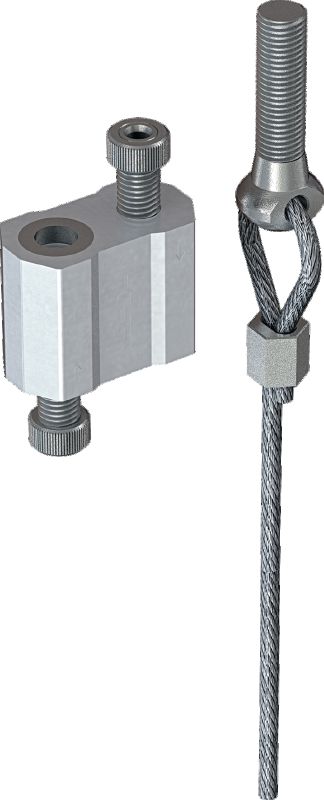 Komplet MW-EB L za zaklepanje kablov z žično vrvjo, konec z očesnim vijakom Žična vrv s predhodno nameščenim očesnim vijakom z navojem in prilagodljivim zaklepanjem za obešalne elemente iz betona in jekla